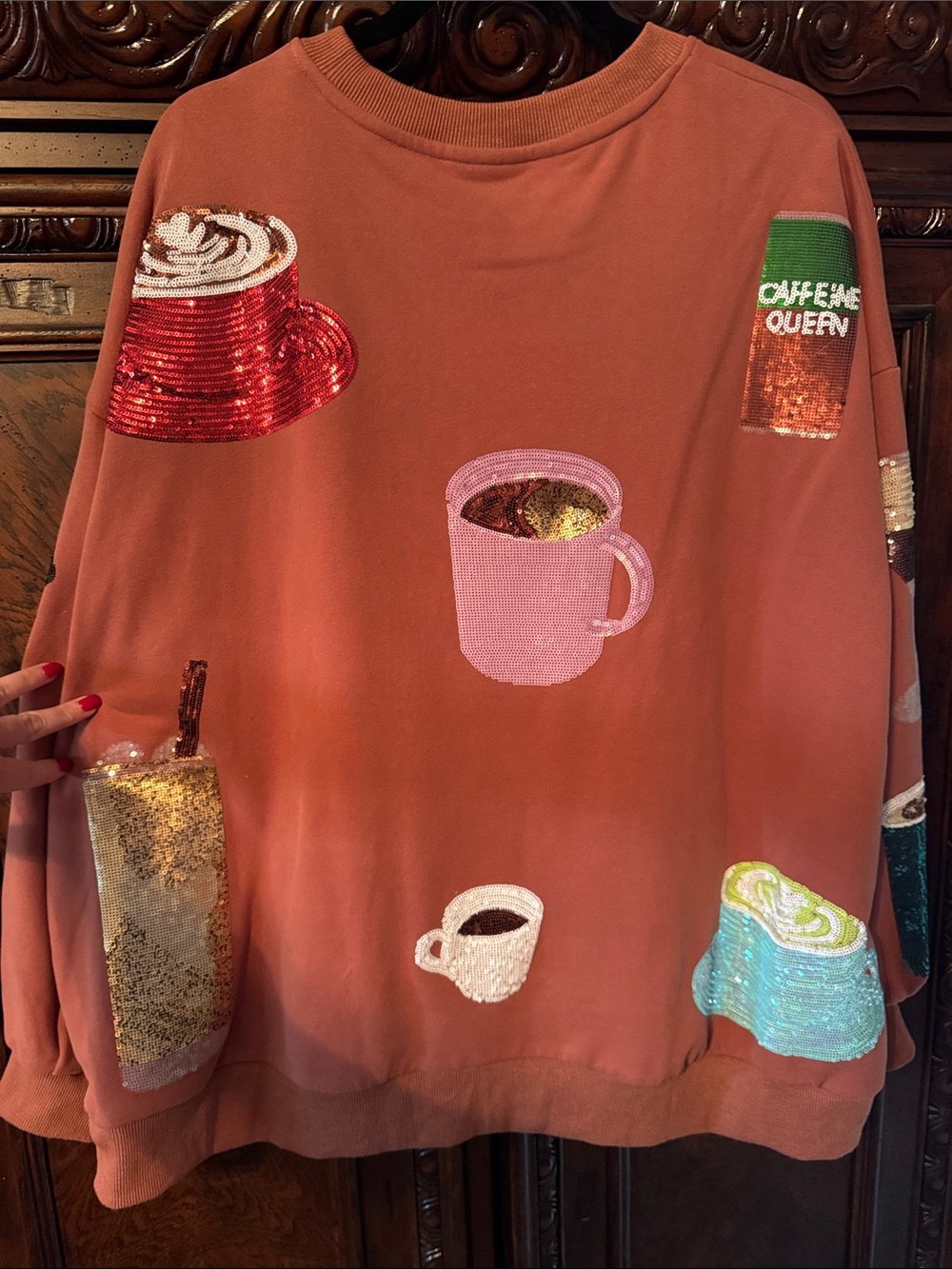 Queen of Sparkles ☕️ Rust Coffee All Over Sweatshirt - Picture 3 of 6